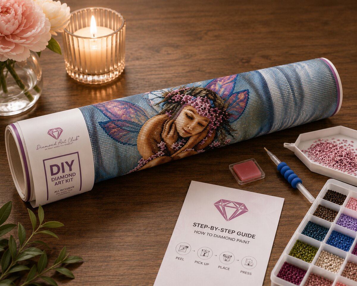 Diamond painting kit supplies including rolled canvas, sorted diamond tray, applicator pen, and step by step guide | Azurra Shop