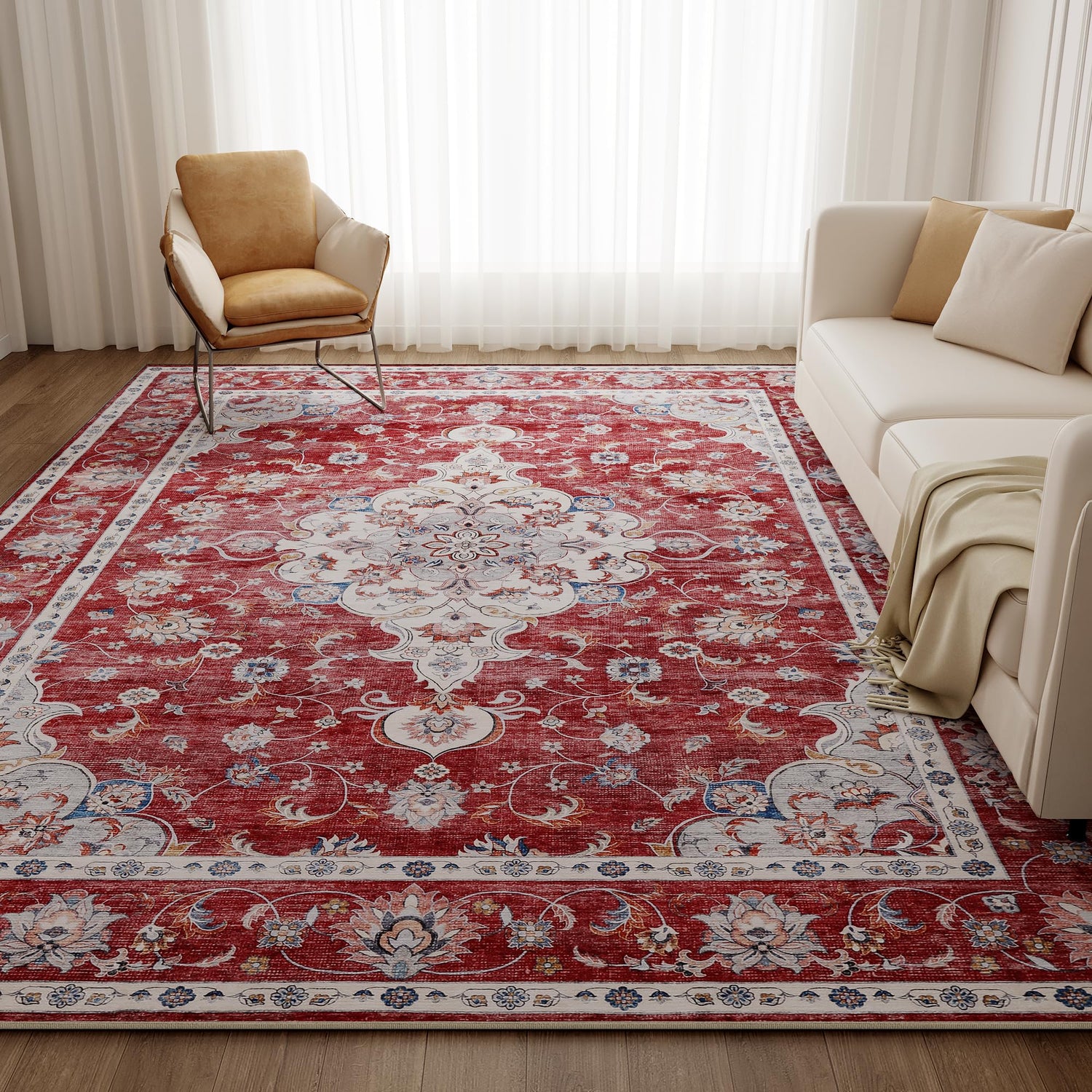 Close-up of vintage distressed tribal pattern faux wool rug — low pile non-shedding floor carpet — Azurra Shop