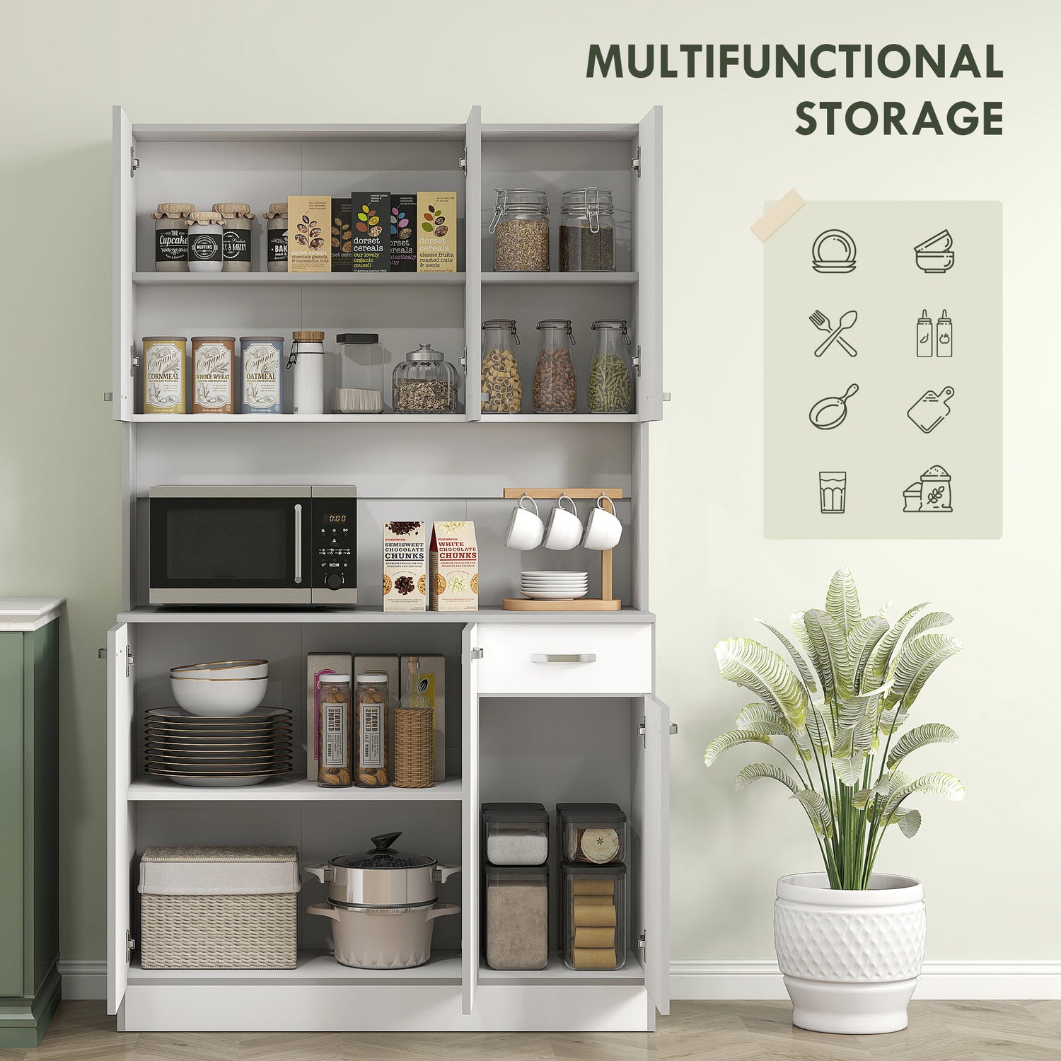 71" White Kitchen Pantry Cabinet with Microwave Stand