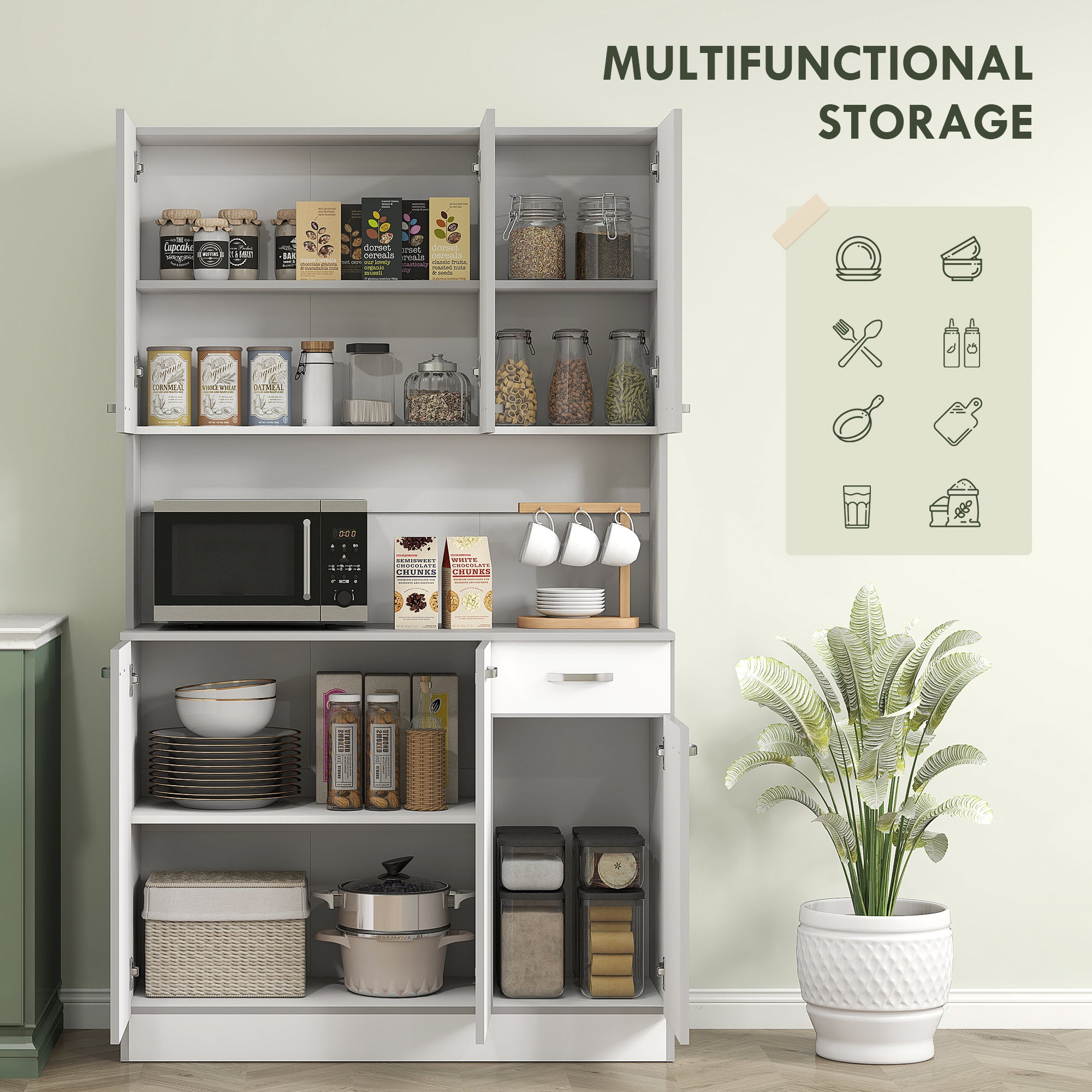 71" White Kitchen Pantry Cabinet with Microwave Stand