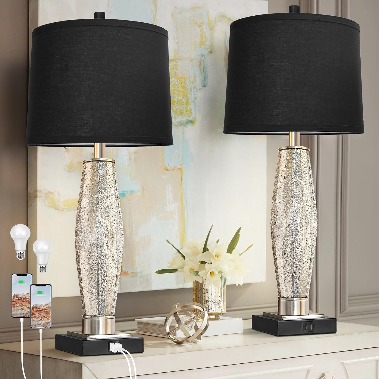 Modern Glass Table Lamp Set of 2 — black metal base, 3-color temperature, USB-A &amp; USB-C charging ports, LED bulbs included — Azurra Shop