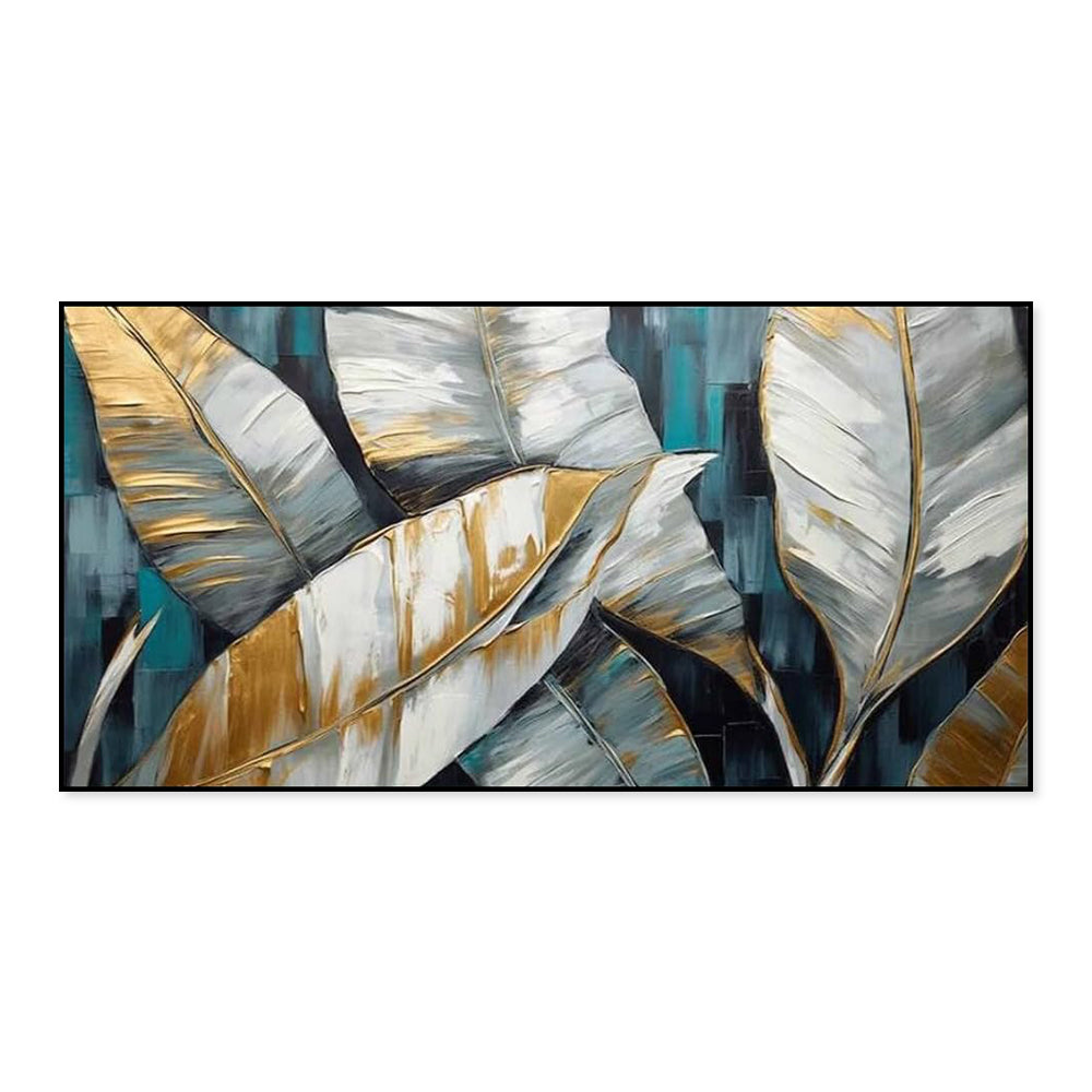Handmade Abstract Oil Painting — Golden Green Banana Leaves