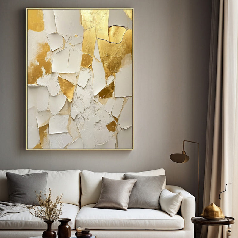 Handmade Abstract Oil Painting — Golden &amp; White Texture