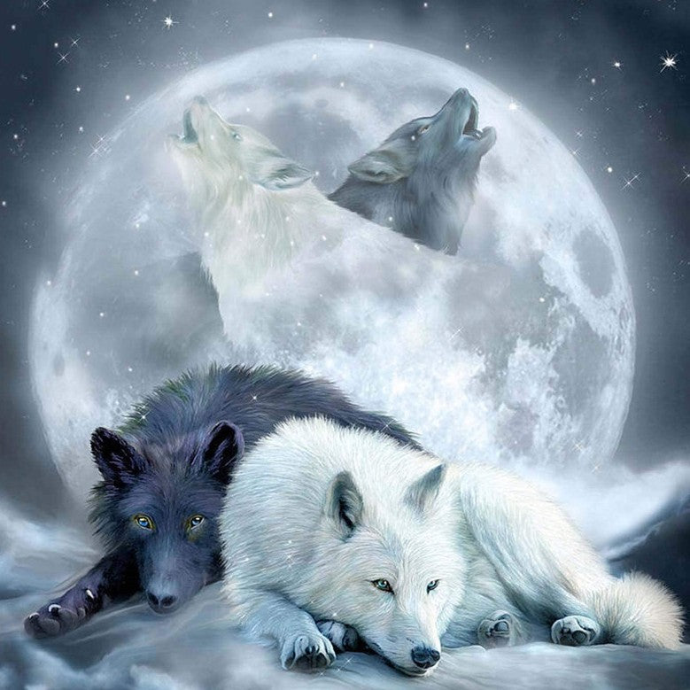 Black and white wolf moon diamond painting kit – 12x12" celestial wildlife art by Azurra Shop