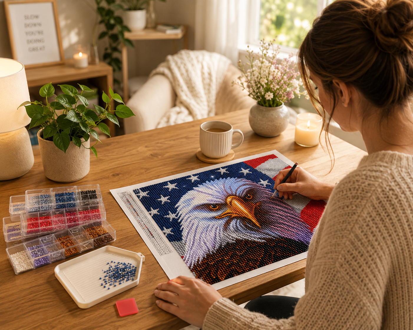 Woman creating bald eagle American flag diamond painting kit at home — DIY craft setup — Azurra Shop