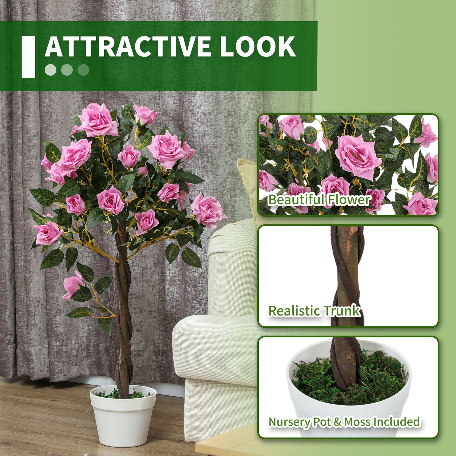 Set of 2 Artificial Rose Floral Trees in Pot — 35" Tall