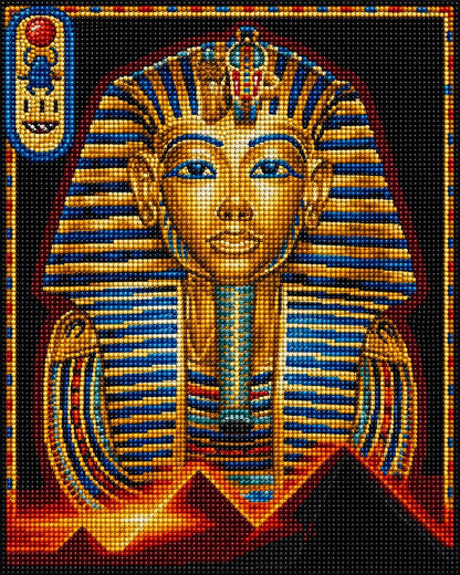 Close up of the finished Egyptian pharaoh diamond painting with a gold and blue striped headdress and a pyramid backdrop | Azurra Shop