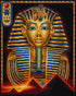 Close up of the finished Egyptian pharaoh diamond painting with a gold and blue striped headdress and a pyramid backdrop | Azurra Shop
