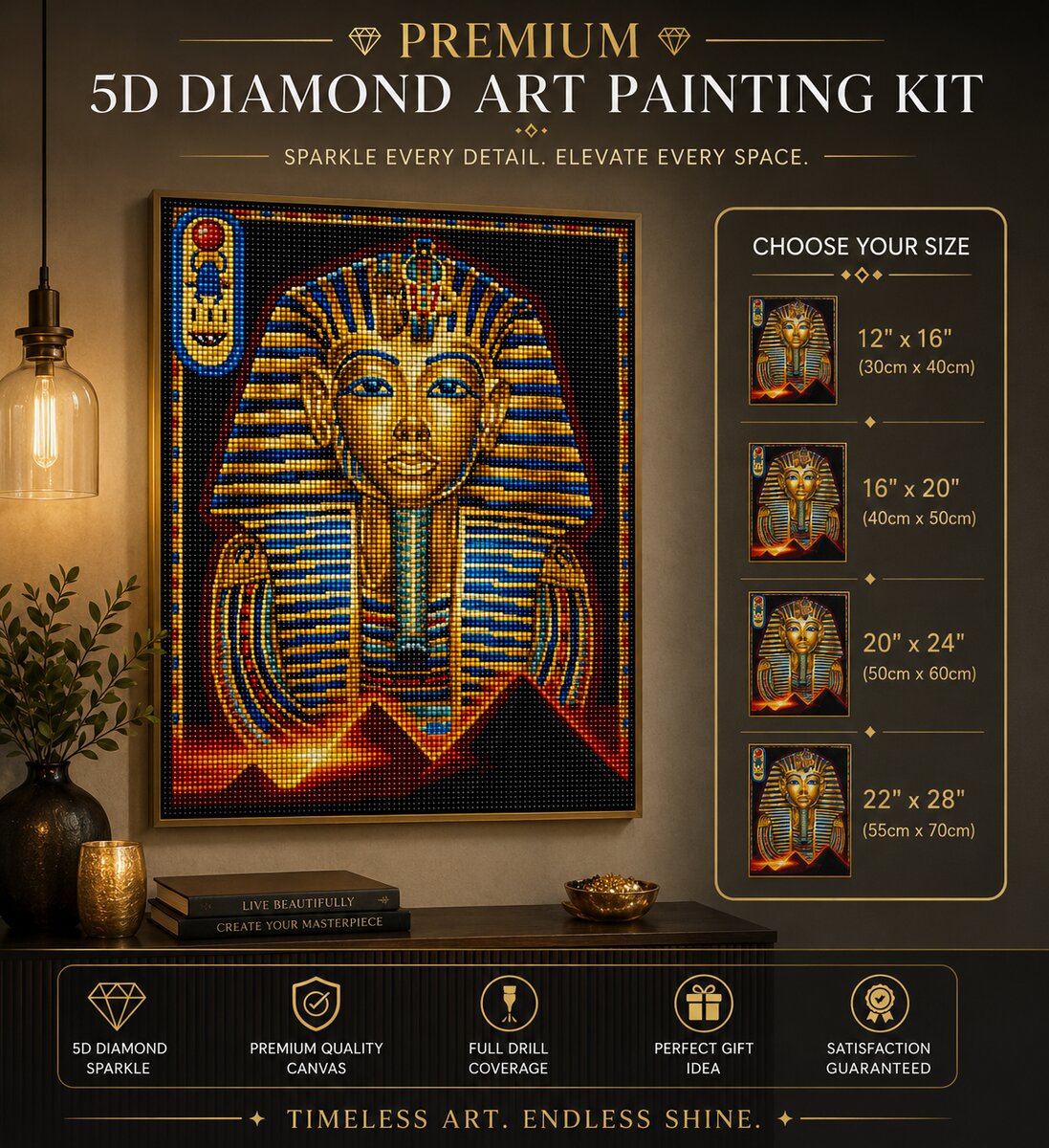 Framed Egyptian pharaoh diamond painting displayed on a living room wall with a hanging pendant light and candles | Azurra Shop
