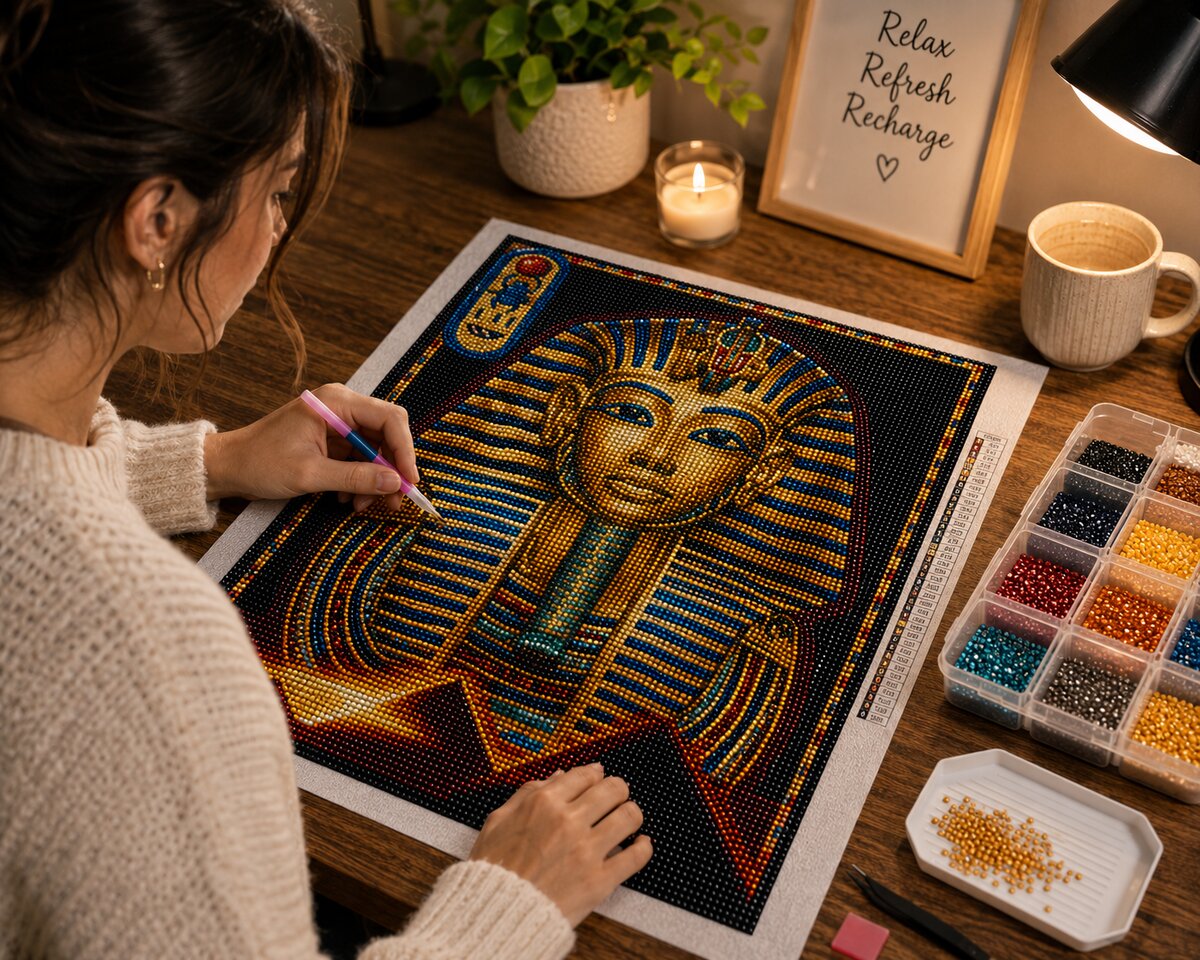 Working on the Egyptian pharaoh kit at a desk with a candle, coffee, and diamond trays nearby | Azurra Shop