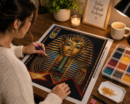 Working on the Egyptian pharaoh kit at a desk with a candle, coffee, and diamond trays nearby | Azurra Shop