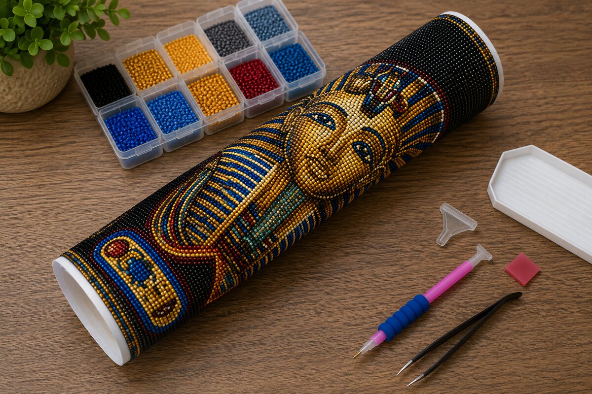 Rolled canvas and full supplies for the Egyptian pharaoh kit, including diamond trays, applicator pen, and funnel | Azurra Shop