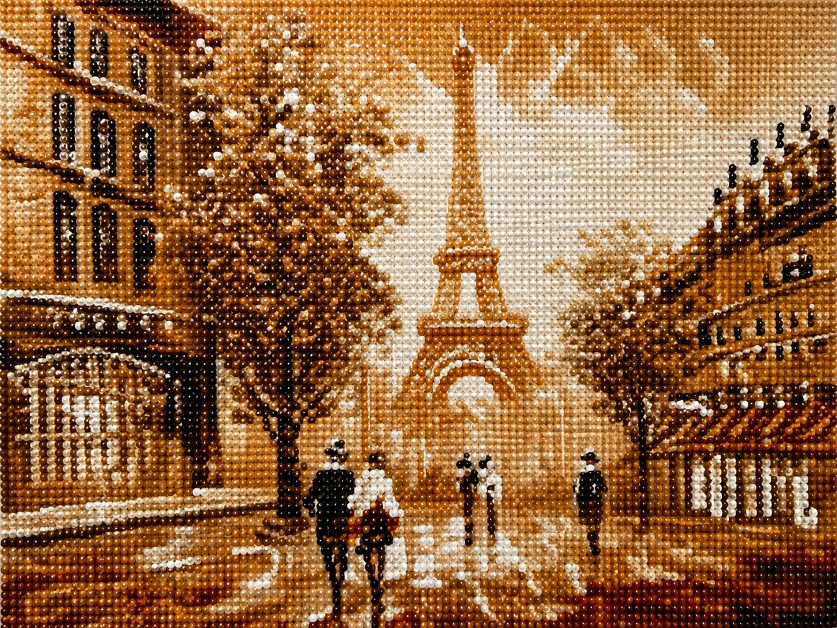 Finished Eiffel Tower diamond painting kit artwork in warm sepia tones with a Paris street scene and people strolling below | Azurra Shop