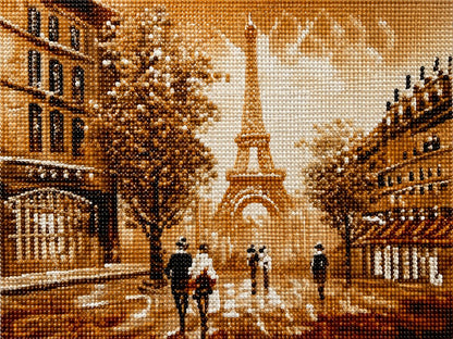 Finished Eiffel Tower diamond painting kit artwork in warm sepia tones with a Paris street scene and people strolling below | Azurra Shop