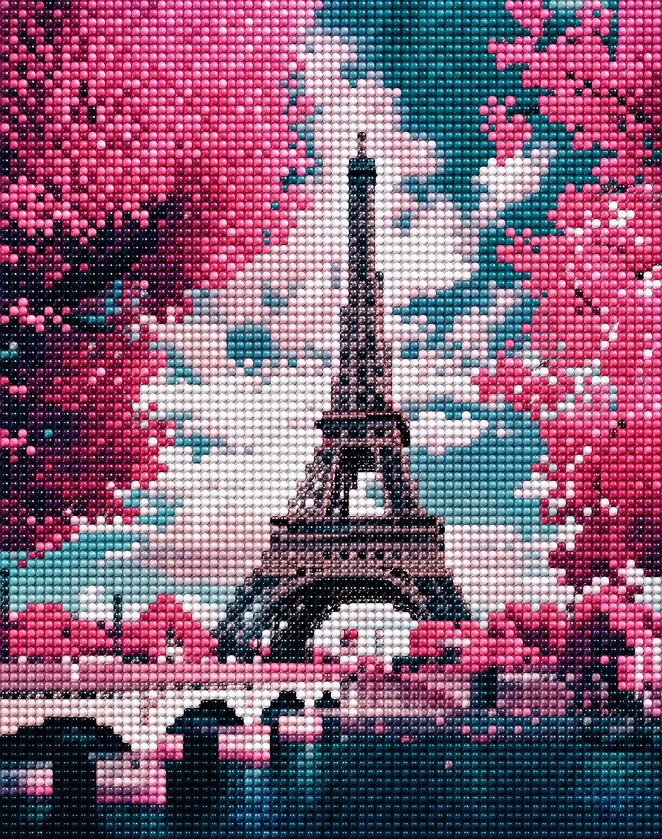 Finished Eiffel Tower cherry blossom diamond painting kit artwork with pink blossoms framing the tower over the Seine | Azurra Shop