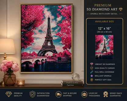 Eiffel Tower cherry blossom diamond painting kit framed artwork displayed on a wall | Azurra Shop