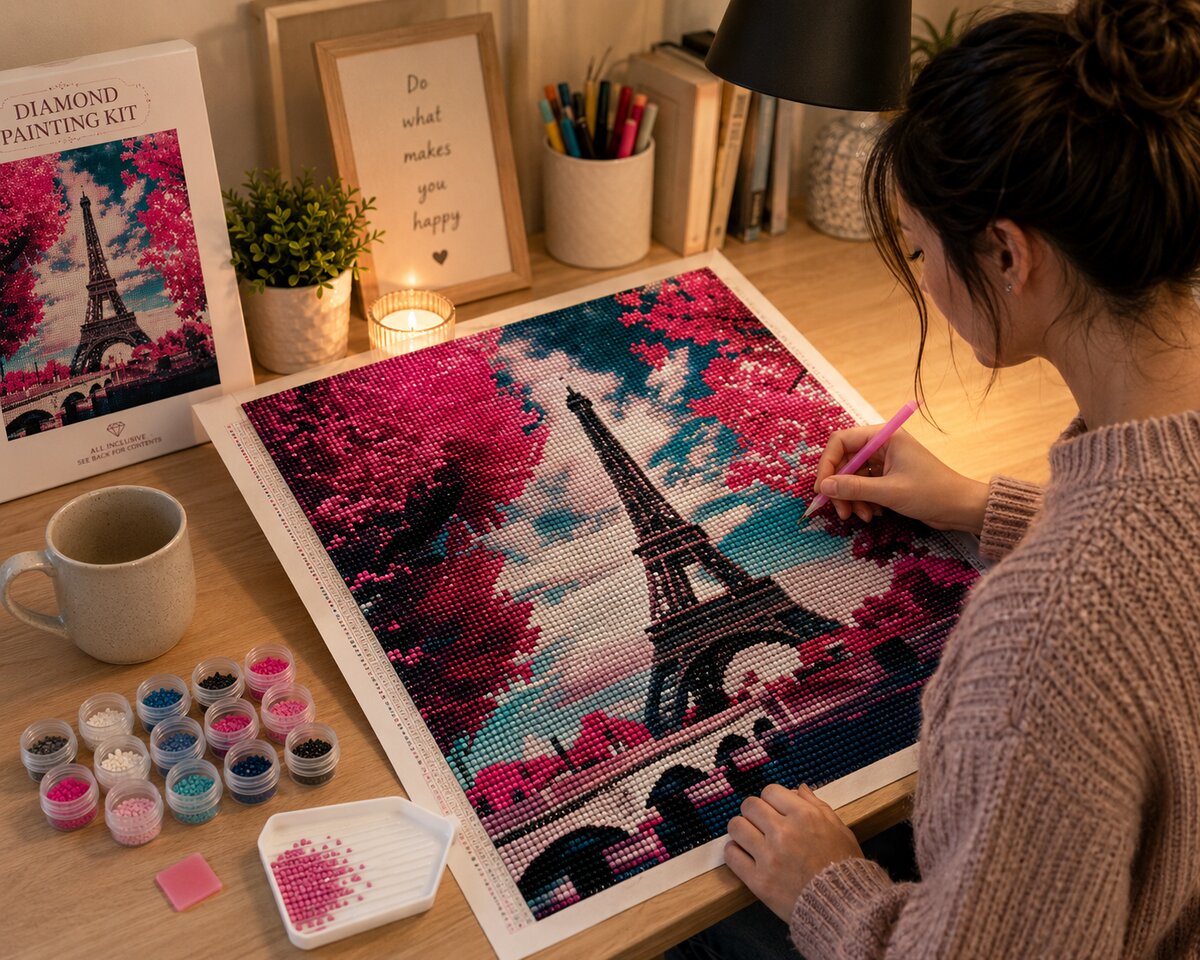 Working on the Eiffel Tower cherry blossom diamond painting kit at a cozy desk | Azurra Shop
