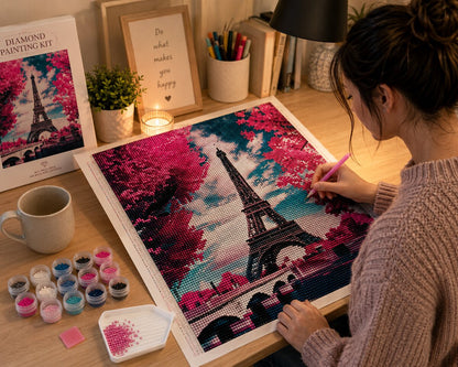 Working on the Eiffel Tower cherry blossom diamond painting kit at a cozy desk | Azurra Shop