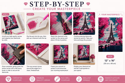 Step by step guide showing how to complete the Eiffel Tower cherry blossom diamond painting kit | Azurra Shop
