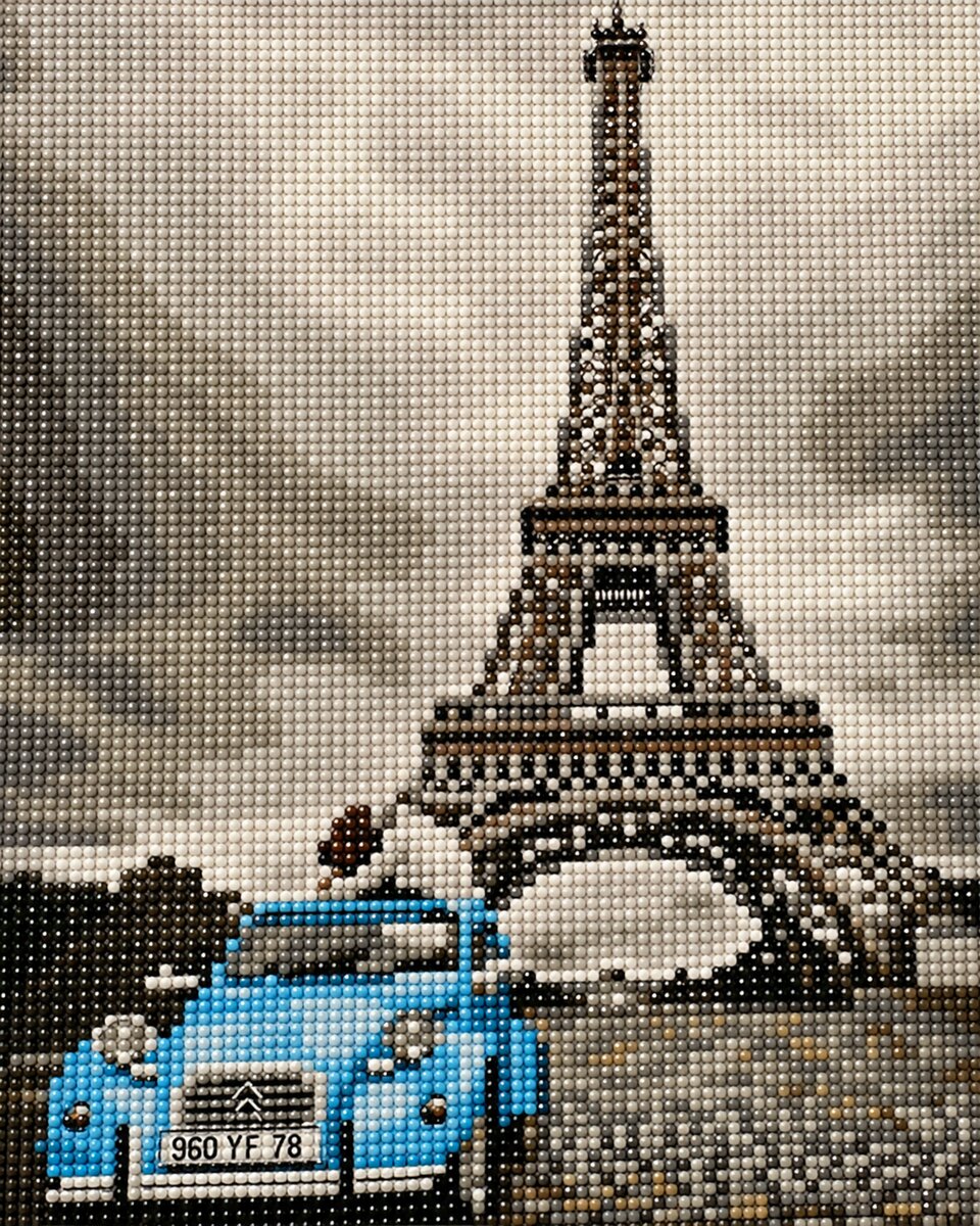 Finished Eiffel Tower couples diamond painting kit artwork in sepia tones with a vintage blue car and the tower in the background | Azurra Shop