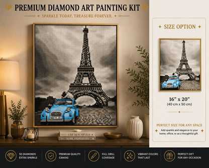Eiffel Tower couples diamond painting kit framed artwork displayed on a wall | Azurra Shop
