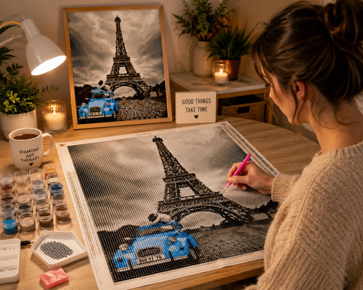 Working on the Eiffel Tower couples diamond painting kit at a cozy desk | Azurra Shop