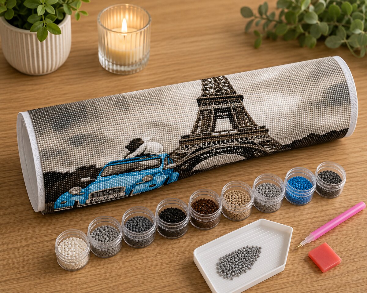 Rolled canvas and full supplies for the Eiffel Tower couples kit, including diamond packets, applicator pen, and tray | Azurra Shop