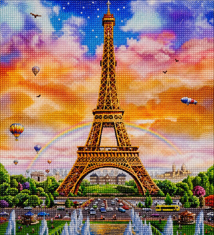 Finished Eiffel Tower landscape diamond painting kit artwork with sunset sky, hot air balloons, and reflections in the Seine | Azurra Shop