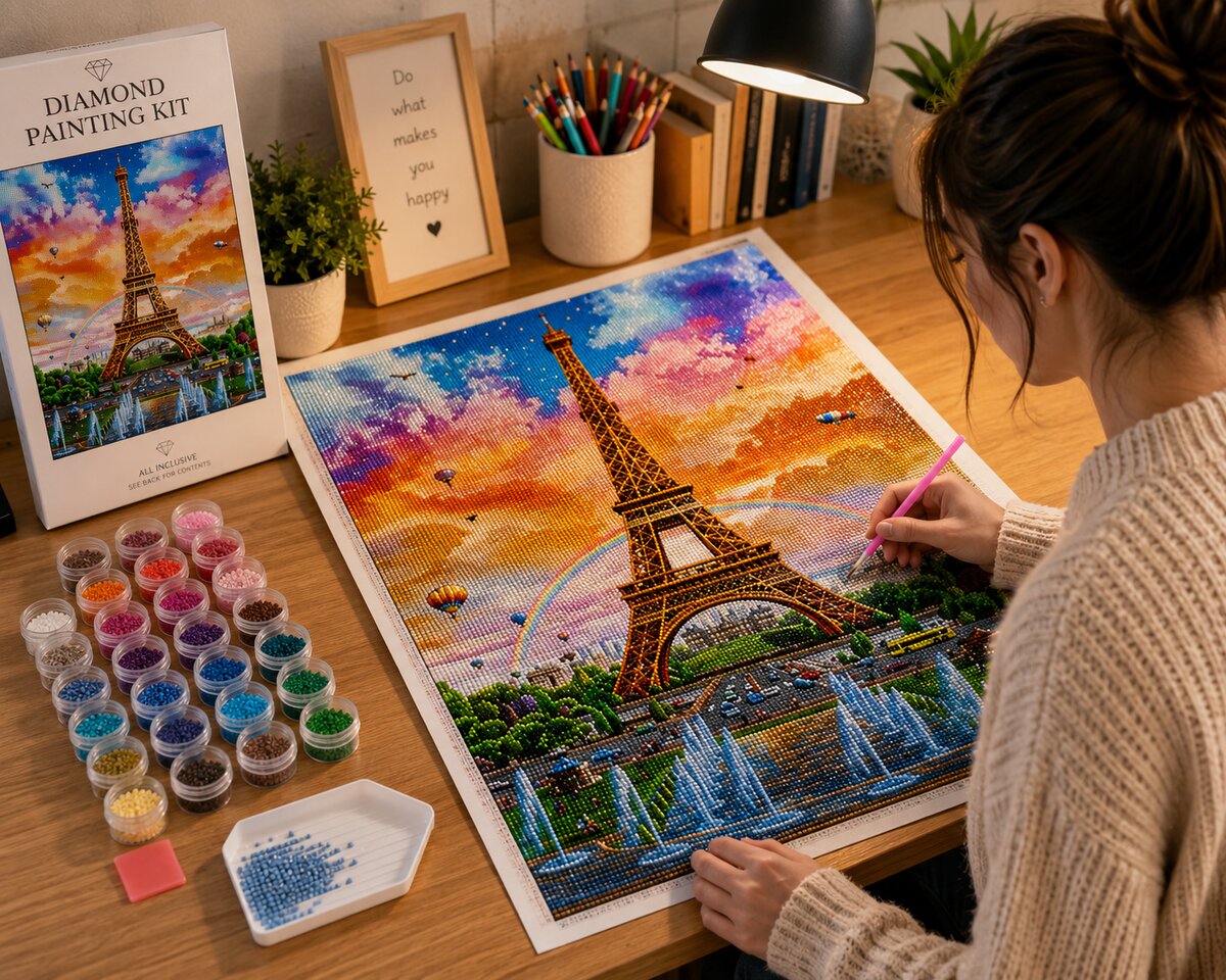 Diamond painting supplies laid out for the Eiffel Tower landscape kit | Azurra Shop