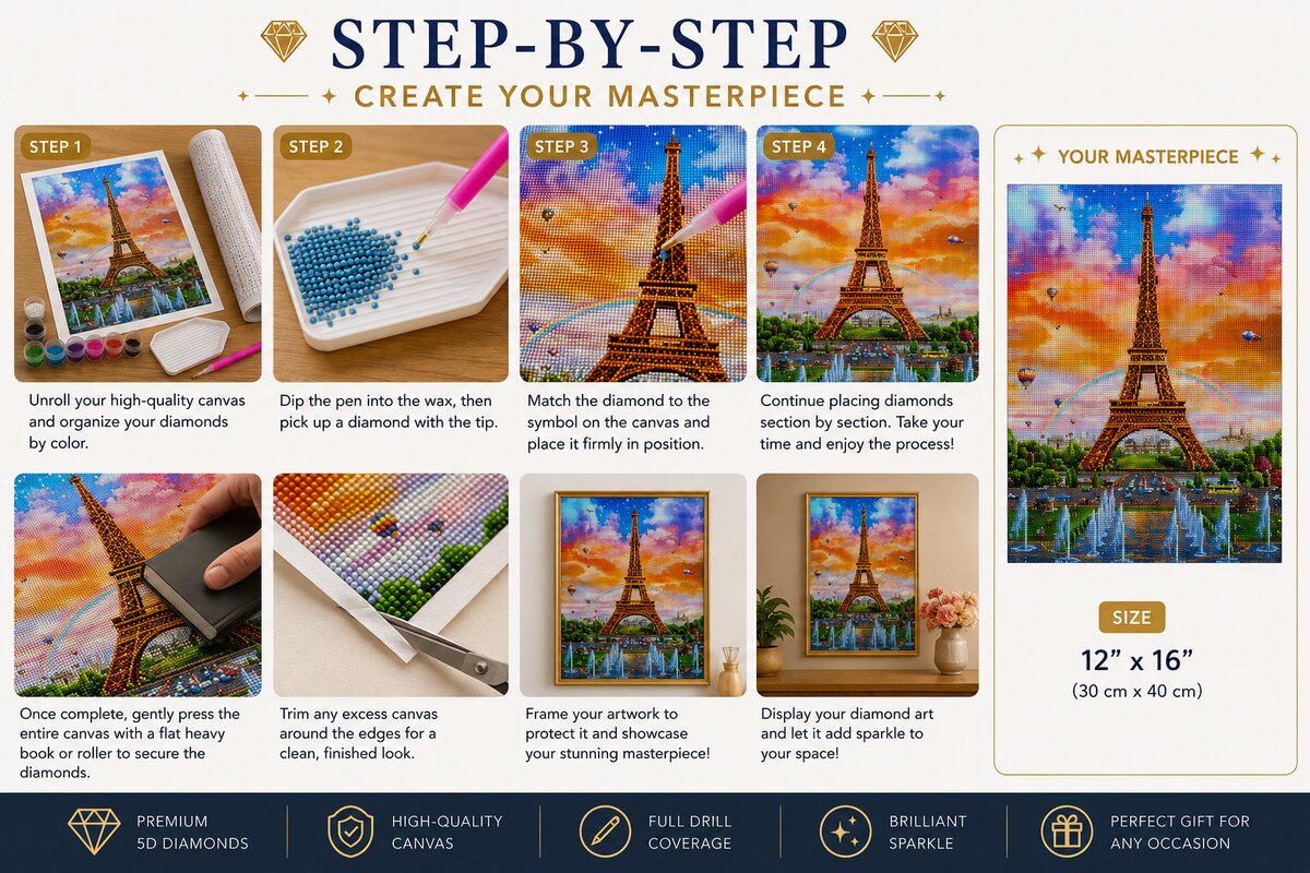Step by step guide showing how to complete the Eiffel Tower landscape diamond painting kit | Azurra Shop