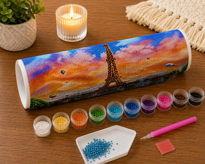 Rolled canvas and full supplies for the Eiffel Tower landscape kit, including diamond packets, applicator pen, and tray | Azurra Shop