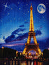 Finished Eiffel Tower diamond painting kit artwork lit up at night under a starry sky with a crescent moon | Azurra Shop
