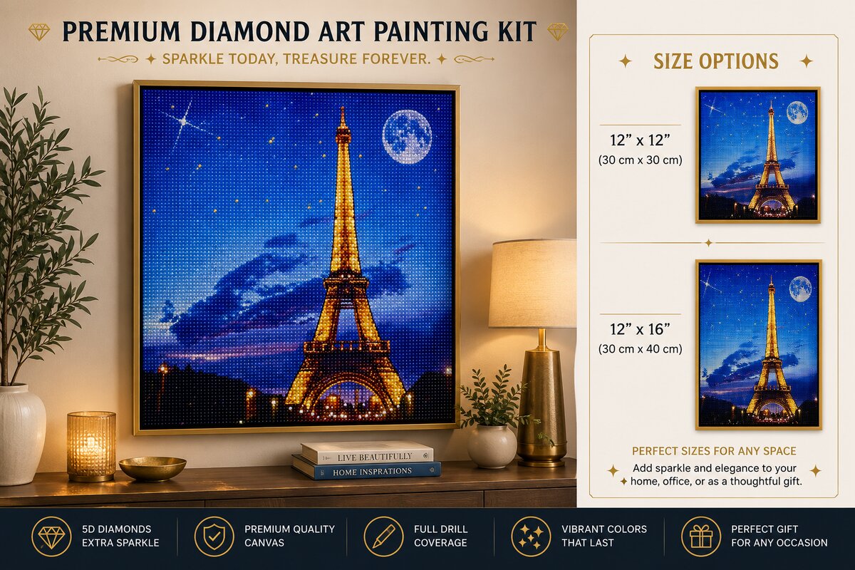 Eiffel Tower diamond painting kit framed artwork displayed on a wall | Azurra Shop