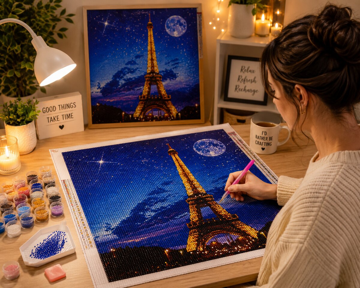 Working on the Eiffel Tower diamond painting kit at a cozy desk | Azurra Shop