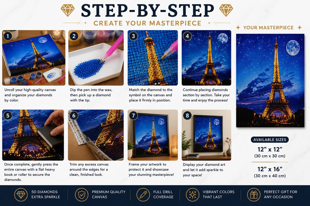 Step by step guide showing how to complete the Eiffel Tower diamond painting kit | Azurra Shop