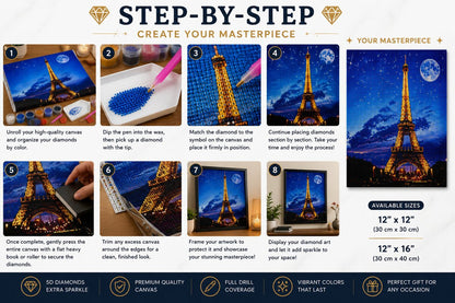 Step by step guide showing how to complete the Eiffel Tower diamond painting kit | Azurra Shop