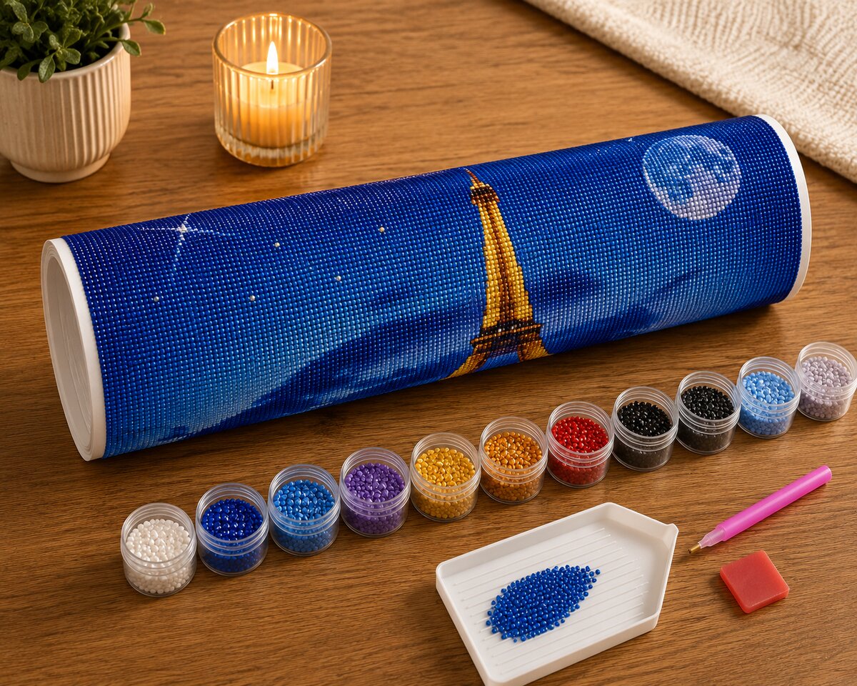 Rolled canvas and full supplies for the Eiffel Tower kit, including diamond packets, applicator pen, and tray | Azurra Shop