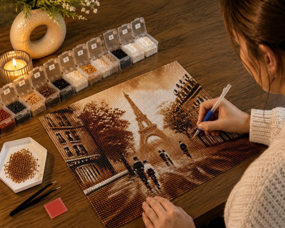Working on the Eiffel Tower diamond painting kit at a cozy desk with coffee | Azurra Shop
