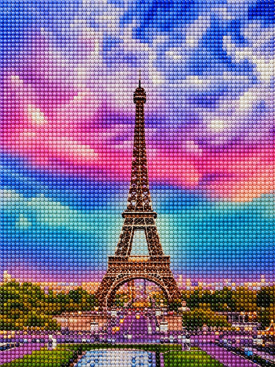 Finished Eiffel Tower silhouette diamond painting kit artwork with the tower against a pink and purple sunset sky | Azurra Shop