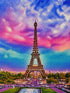 Finished Eiffel Tower silhouette diamond painting kit artwork with the tower against a pink and purple sunset sky | Azurra Shop