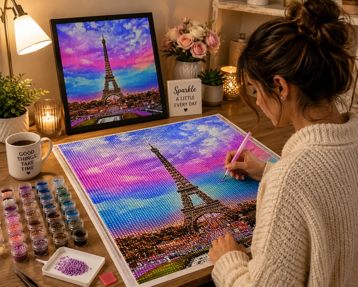 Working on the Eiffel Tower silhouette diamond painting kit at a cozy desk with a lamp | Azurra Shop