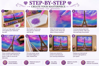 Step by step guide showing how to complete the Eiffel Tower silhouette diamond painting kit | Azurra Shop