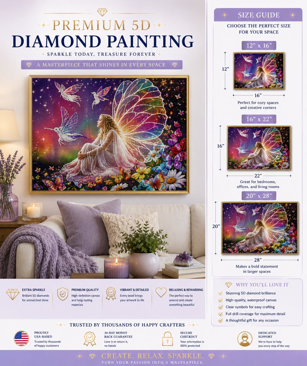 Enchanted fairy diamond painting framed on a wall, available in 12 by 16, 16 by 22, and 20 by 28 inch sizes | Azurra Shop