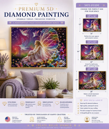 Enchanted fairy diamond painting framed on a wall, available in 12 by 16, 16 by 22, and 20 by 28 inch sizes | Azurra Shop
