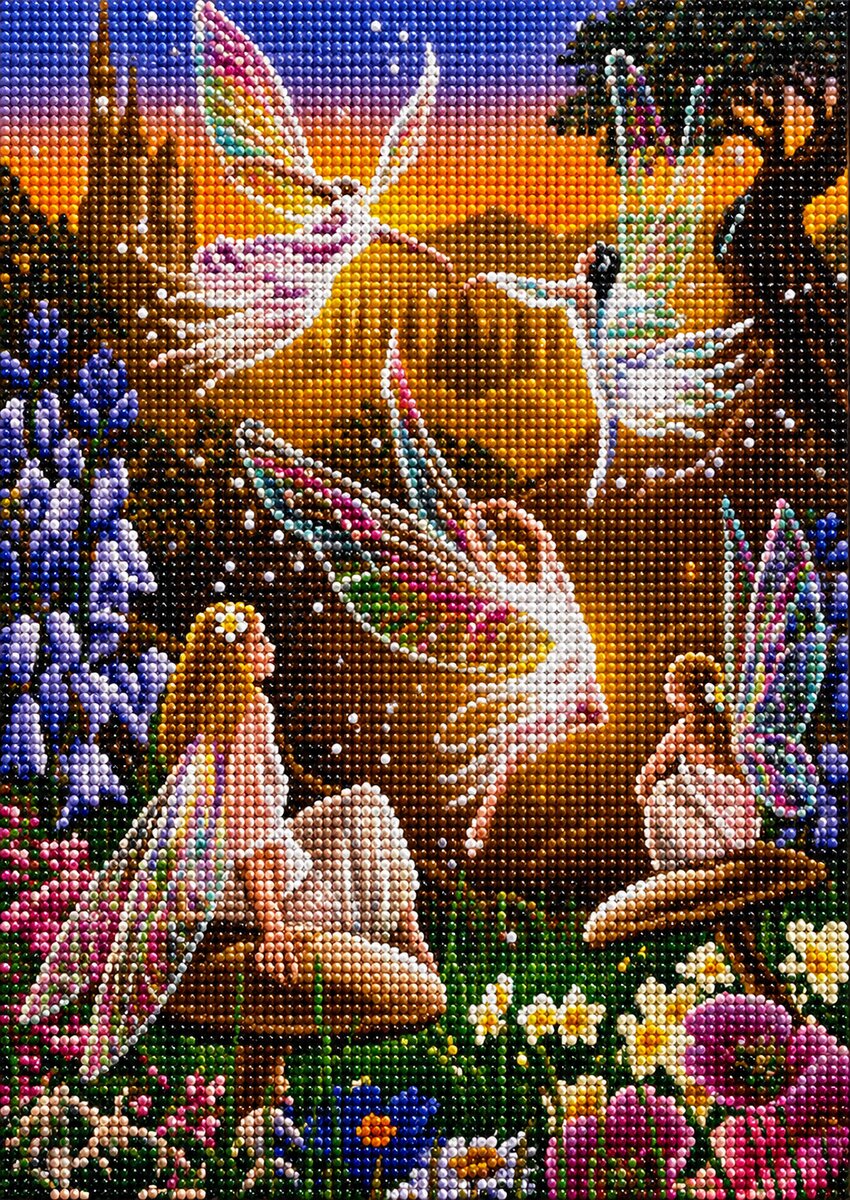 Finished enchanted fairy garden diamond painting with multiple winged fairies flying over a flower garden at sunset near a castle | Azurra Shop