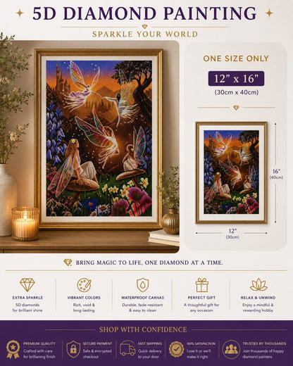 Enchanted fairy garden diamond painting framed on a wall, available in a 12 by 16 inch size | Azurra Shop
