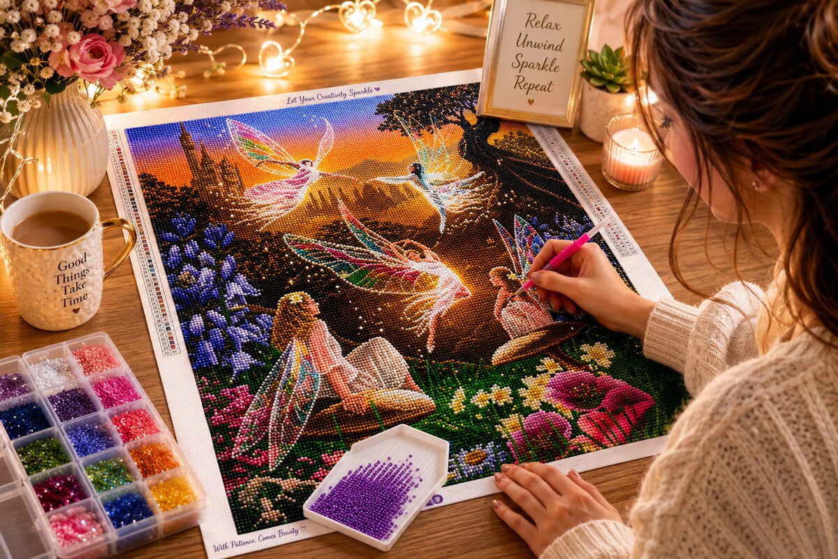 Woman placing diamonds on the enchanted fairy garden canvas at a table with coffee and string lights | Azurra Shop
