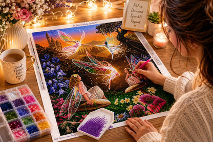 Woman placing diamonds on the enchanted fairy garden canvas at a table with coffee and string lights | Azurra Shop