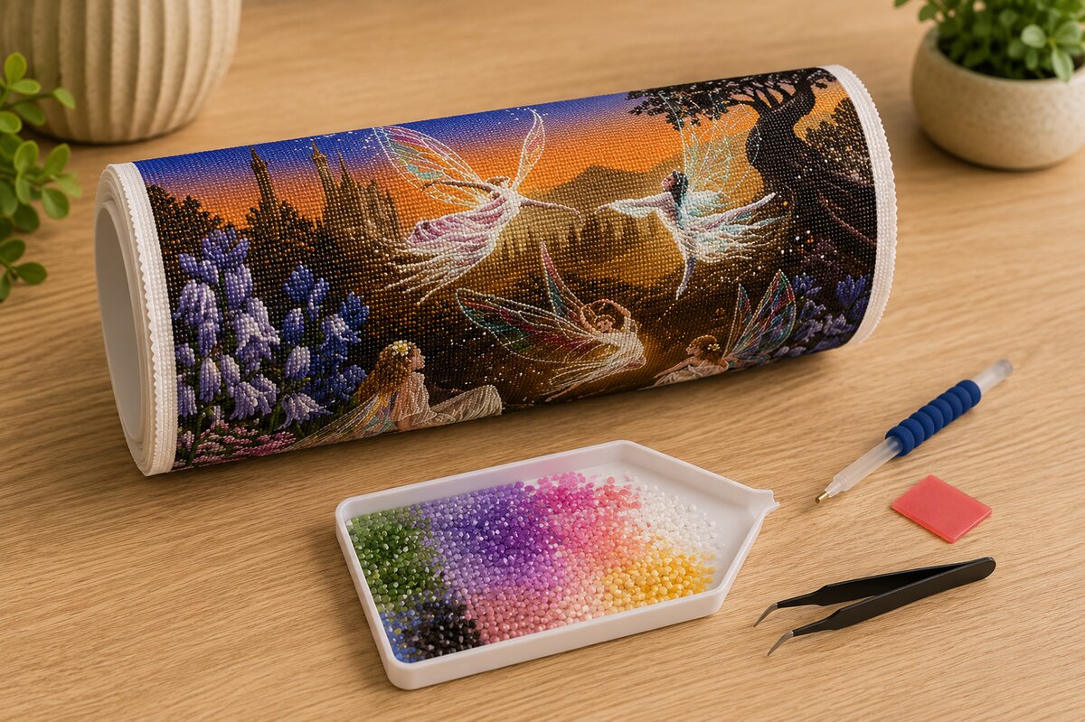 Diamond painting kit supplies including rolled canvas, sorted diamond tray, applicator pen, and tweezers | Azurra Shop