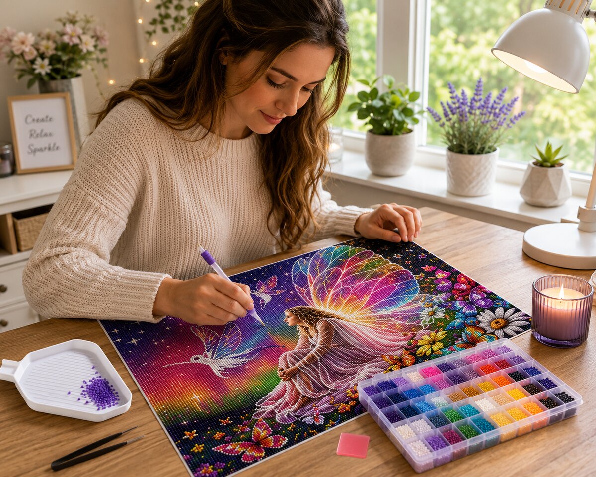 Woman placing diamonds on the enchanted fairy canvas at a desk with a candle and flowers | Azurra Shop